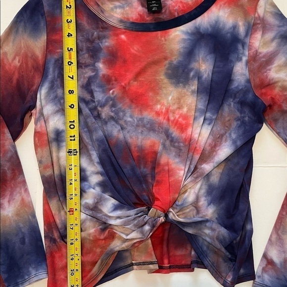 This and More Young Contemporary Long Sleeve Red Blue Tie Dye Twist Front Shirt - Picture 4 of 5